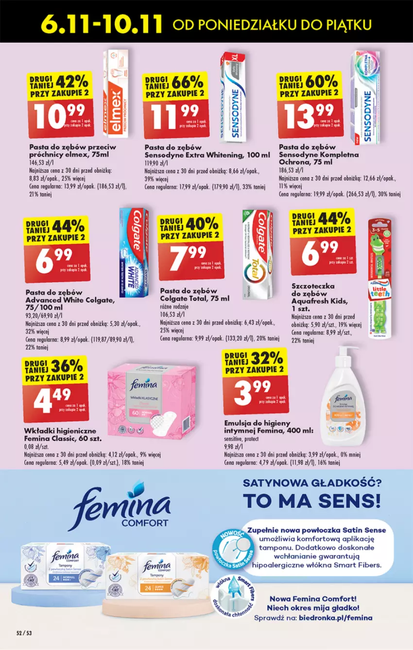 Gazetka promocyjna Biedronka - Od poniedzialku - ważna 06.11 do 11.11.2023 - strona 56 - produkty: Aquafresh, Colgate, Colgate Total, Dron, Elmex, Emulsja, LG, Pasta do zębów, Sati, Sensodyne, Wkładki