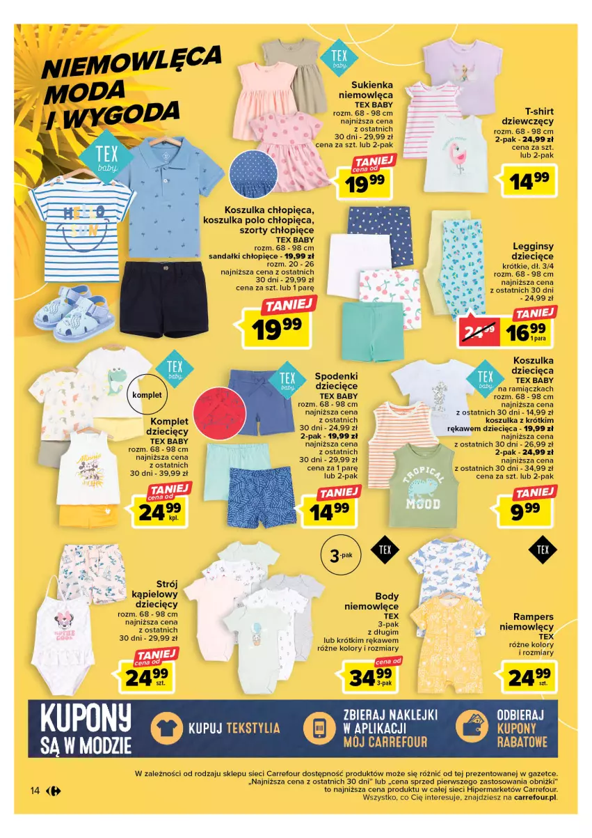 Gazetka promocyjna Carrefour - Gazetka Letnie trendy - ważna 02.05 do 13.05.2023 - strona 14 - produkty: Body, Dzieci, Gin, Kosz, Koszulka, Legginsy, Sandał, Sukienka, Szorty, T-shirt