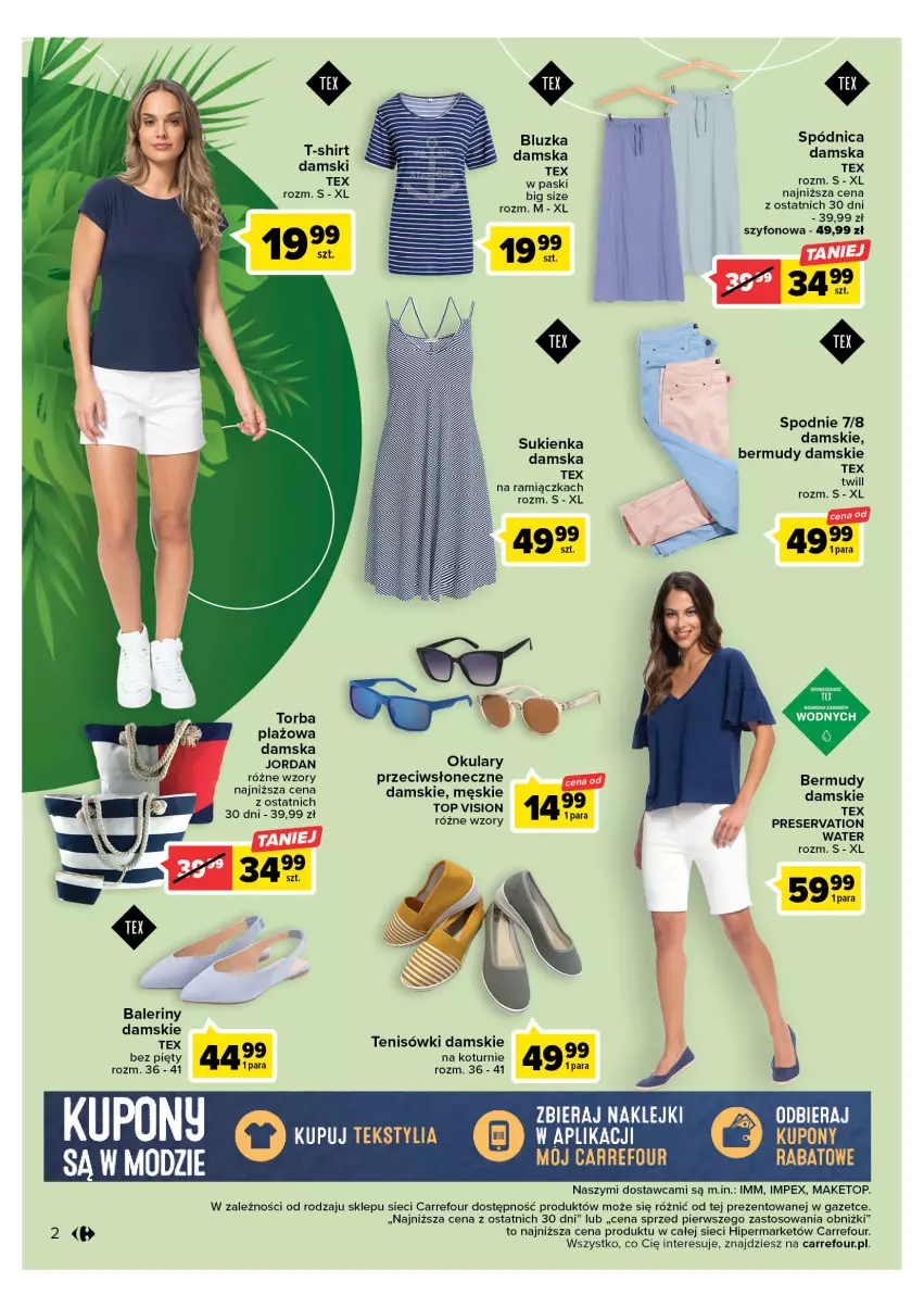 Gazetka promocyjna Carrefour - Gazetka Letnie trendy - ważna 02.05 do 13.05.2023 - strona 2 - produkty: Baleriny, Bermudy, Klej, Ser, Spódnica, Spodnie, Tenisówki, Top, Torba