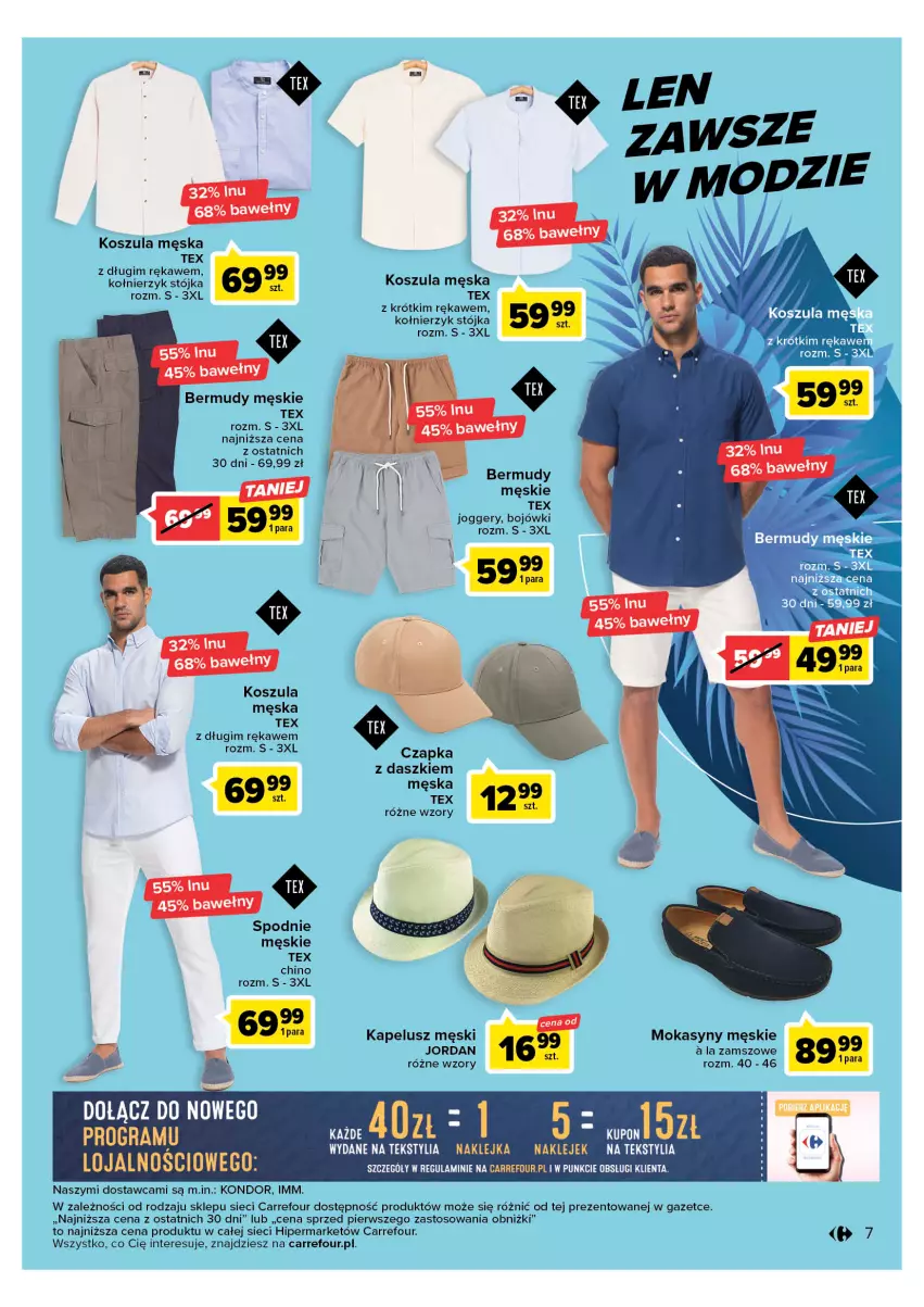 Gazetka promocyjna Carrefour - Gazetka Letnie trendy - ważna 02.05 do 13.05.2023 - strona 7 - produkty: Bermudy, Czapka, Fa, Gra, Klej, Kosz, Koszula, Mokasyny, Spodnie