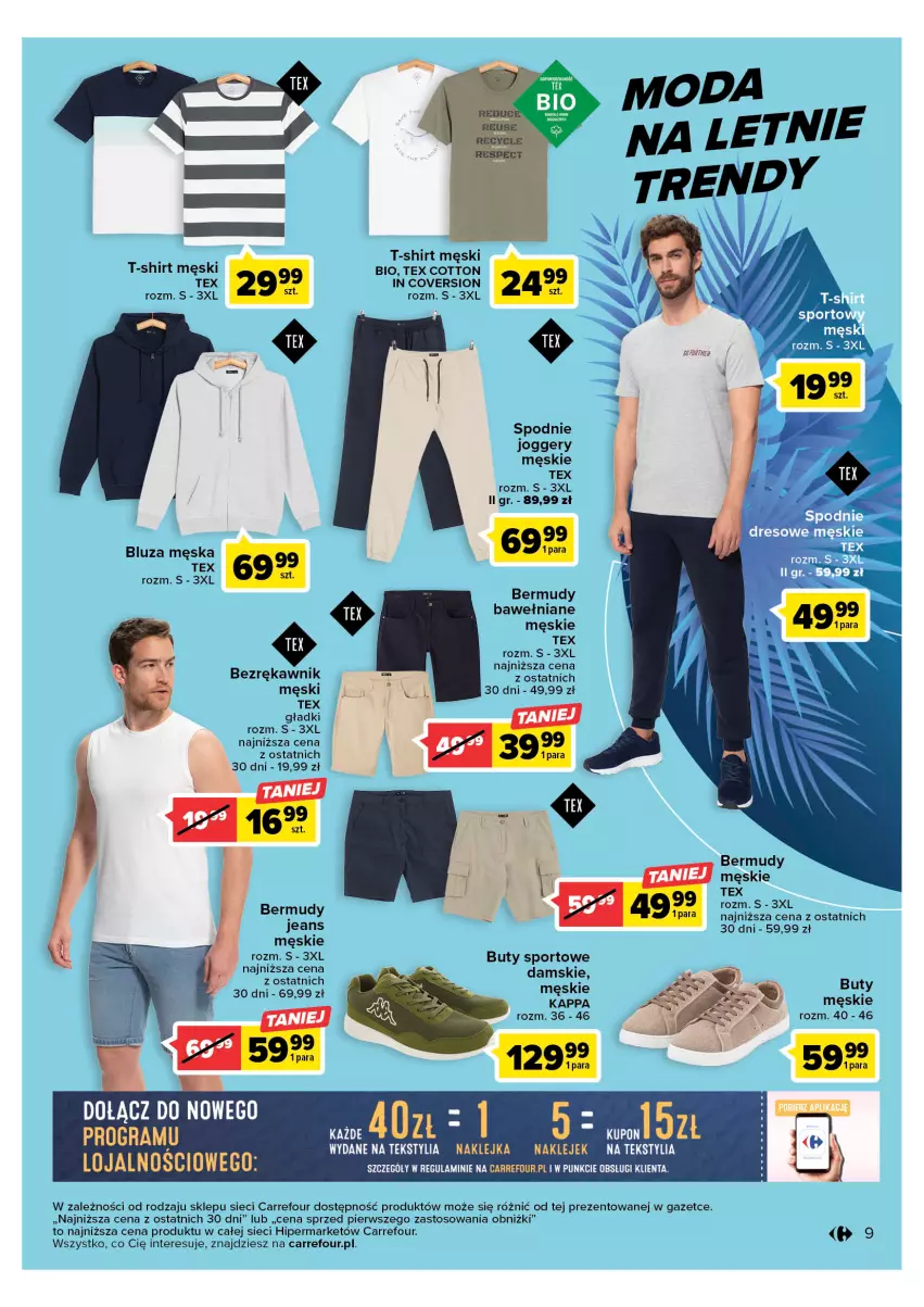 Gazetka promocyjna Carrefour - Gazetka Letnie trendy - ważna 02.05 do 13.05.2023 - strona 9 - produkty: Bermudy, Bluza, Buty, Klej, Por, Spodnie, Sport, T-shirt