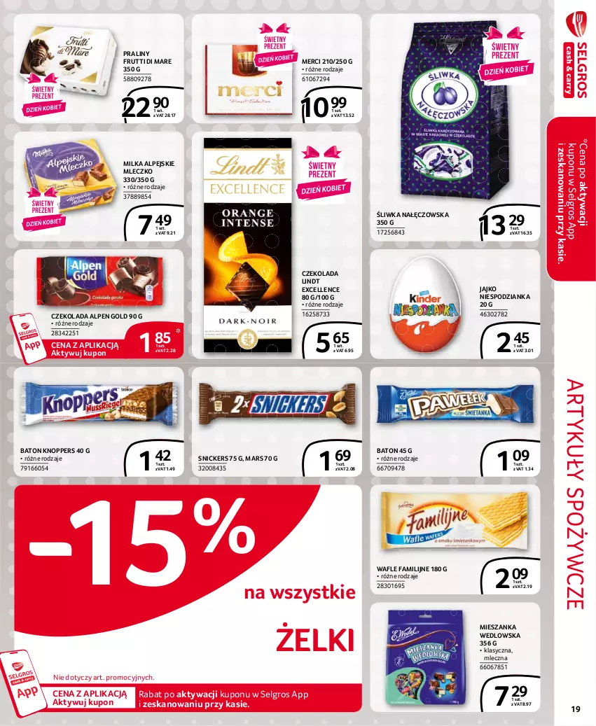 Gazetka promocyjna Selgros - Extra Oferta - ważna 01.02 do 28.02.2021 - strona 19 - produkty: Artykuły spożywcze, Baton, Czekolada, Fa, Knoppers, LG, Lindt, Mars, Merci, Mieszanka wedlowska, Milka, Mleczko, Praliny, Snickers, Wafle