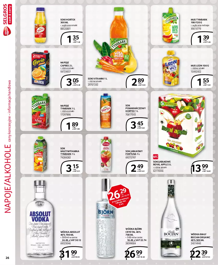 Gazetka promocyjna Selgros - Extra Oferta - ważna 01.02 do 28.02.2021 - strona 26 - produkty: Absolut, Alkohole, Biały Bocian, Fortuna, Hortex, Leon, Mus, Napoje, Sok, Sok jabłkowy, Sok pomarańczowy, Tymbark, Wódka