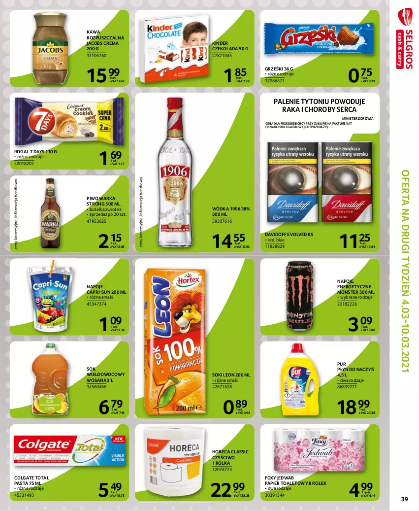 Gazetka promocyjna Selgros - Extra Oferta - ważna 01.02 do 28.02.2021 - strona 41 - produkty: 7 Days, Colgate, Colgate Total, Czekolada, Davidoff, Fa, Foxy, Grześki, Jacobs, Kawa, Kawa rozpuszczalna, Kinder, Leon, LG, Napoje, Papier, Papier toaletowy, Piwo, Pur, Rogal, Ser, Sok, Warka, Wódka, Wosana