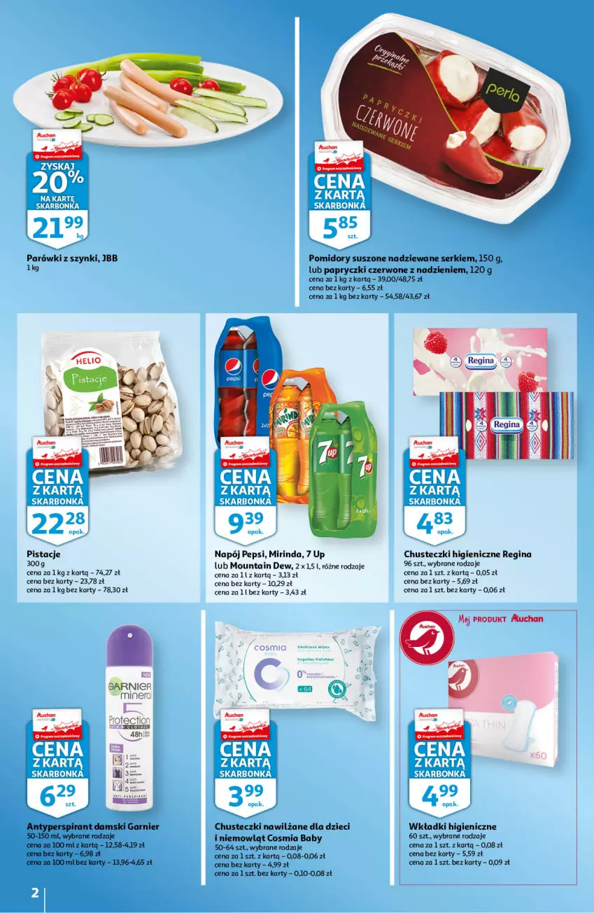 Gazetka promocyjna Auchan - Skarbonka #8 - ważna 24.02 do 02.03.2022 - strona 2 - produkty: Antyperspirant, Chusteczki, Dzieci, Garnier, Gin, Mirinda, Napój, Parówki, Parówki z szynki, Pepsi, Pistacje, Pomidory, Ser, Wkładki