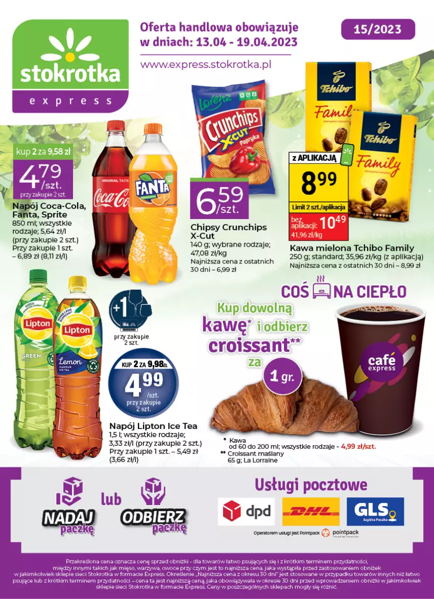 Gazetka promocyjna Stokrotka - Stokrotka Express - ważna 13.04 do 19.04.2023 - strona 1 - produkty: Chipsy, Croissant, Crunchips, Fa, Fanta, Kawa, Kawa mielona, Lipton, Napój, Sprite, Tchibo, Tchibo Family