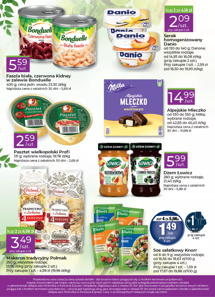 Gazetka promocyjna Stokrotka - Stokrotka Express - ważna 13.04 do 19.04.2023 - strona 2 - produkty: Bonduelle, Danio, Danone, Dżem, Fa, Fasola, Knorr, Makaron, Milka, Mleczko, Olma, Pasztet, Sałat, Ser, Serek, Sos