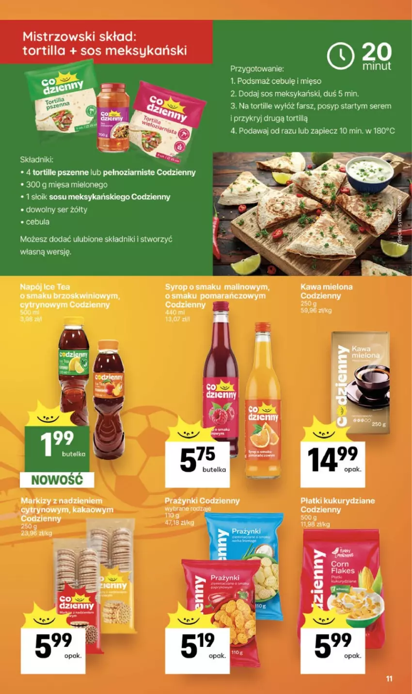 Gazetka promocyjna Delikatesy Centrum - Franczyza DC26 Czwartek - ważna 25.06 do 01.07.2026 - strona 11 - produkty: Cebula, Fa, Ice tea, Kakao, Kawa, Kawa mielona, Mięso, Napój, Piec, Ser, Sos, Syrop, Tortilla