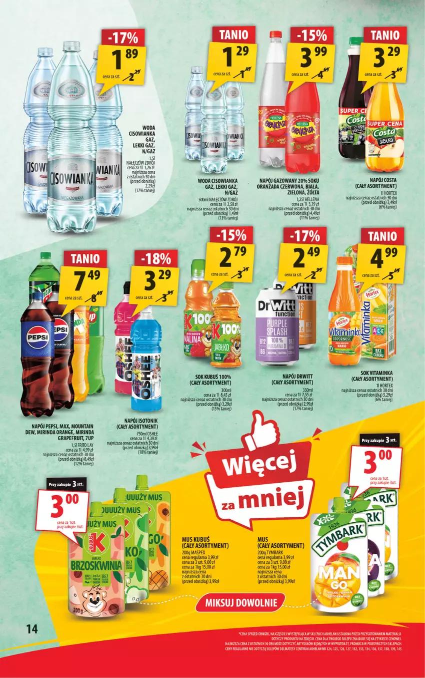 Gazetka promocyjna Arhelan - Gazetka - ważna 07.02 do 16.02.2025 - strona 14 - produkty: Cisowianka, Fa, Gra, Hellena, Hortex, Inka, Kubuś, Mirinda, Mus, Napój, Oranżada, Oshee, Pepsi, Por, Rum, Sok, Tonik, Tymbark, Woda