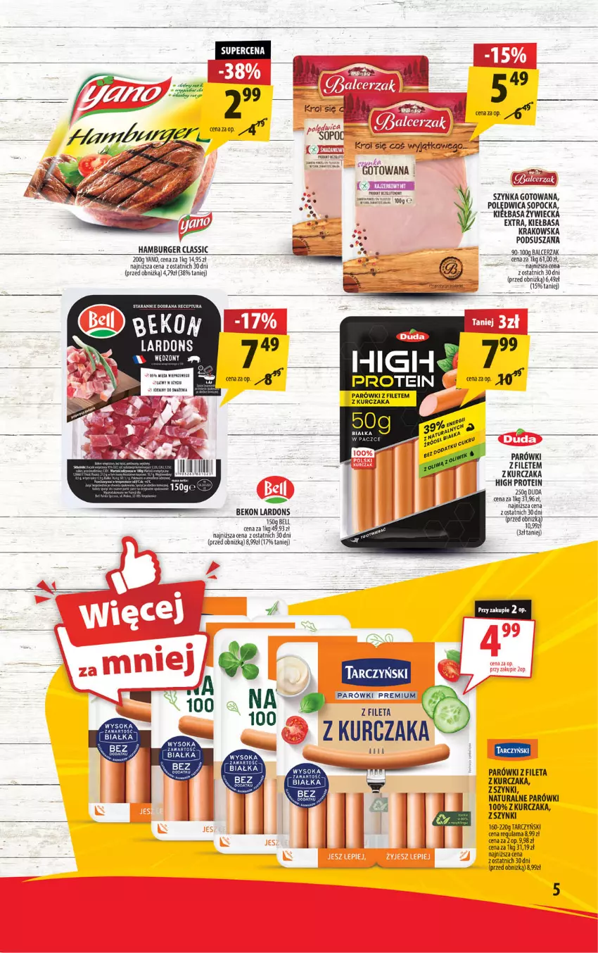 Gazetka promocyjna Arhelan - Gazetka - ważna 07.02 do 16.02.2025 - strona 5 - produkty: Beko, Bell, Burger, Duda, Hamburger, Kiełbasa, Kiełbasa krakowska, Kiełbasa zywiecka, Kurczak, Parówki, Szynka, Tarczyński