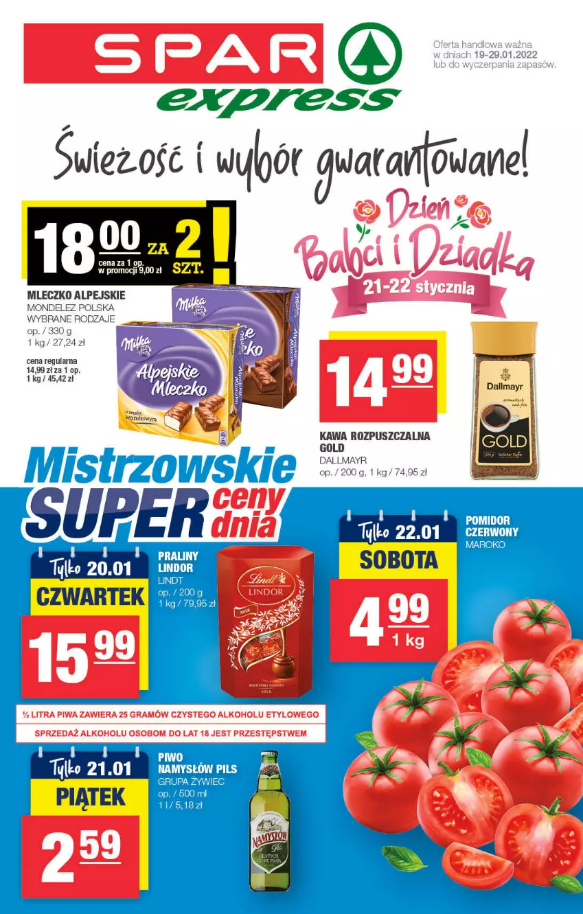 Gazetka promocyjna Spar - SparExpress - ważna 16.01 do 26.01.2022 - strona 1 - produkty: Dallmayr, Kawa, Kawa rozpuszczalna, Lindt, Mleczko, Piwo