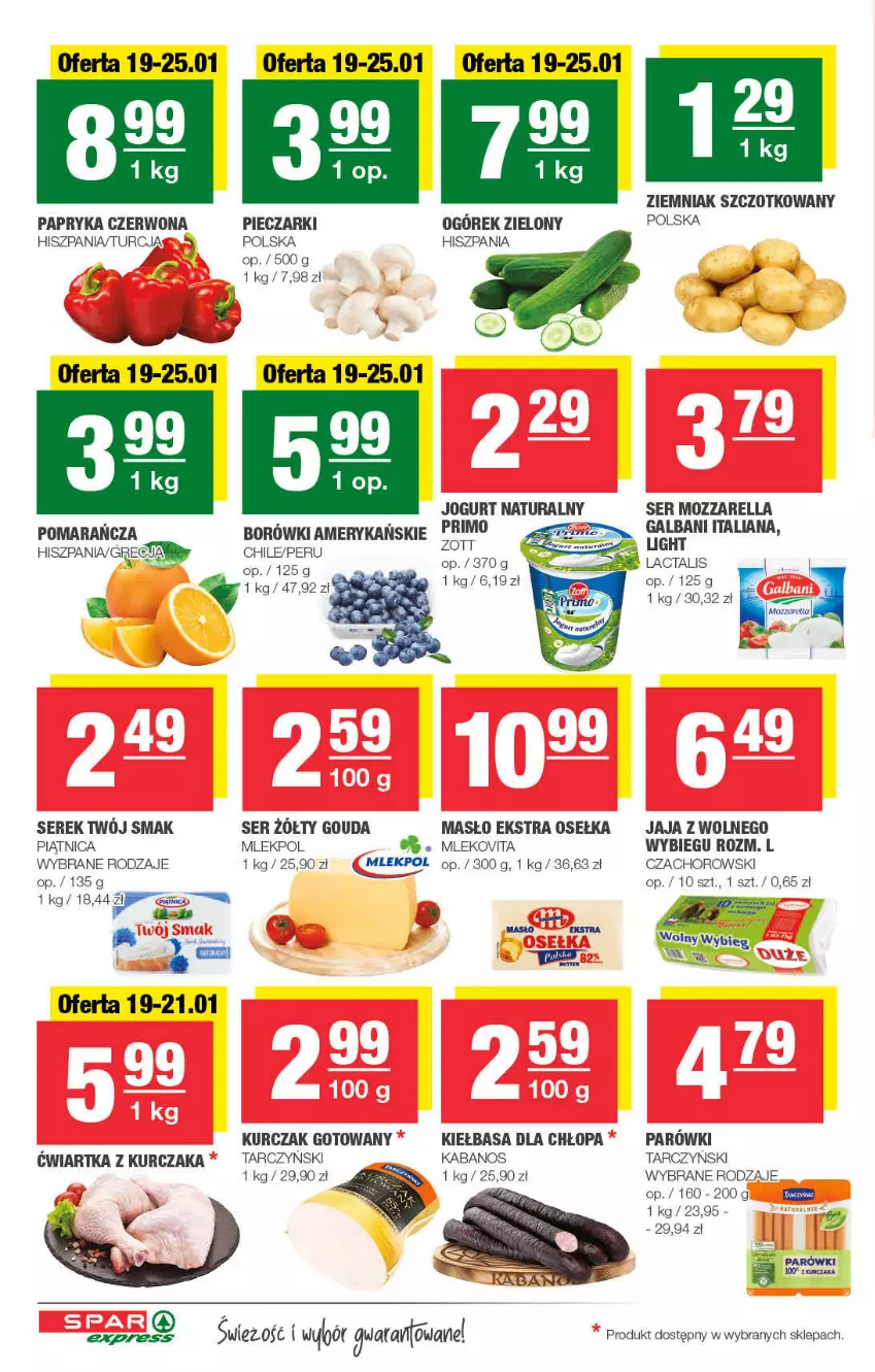 Gazetka promocyjna Spar - SparExpress - ważna 16.01 do 26.01.2022 - strona 2 - produkty: Gouda, Jaja, Jogurt, Jogurt naturalny, Kabanos, Kiełbasa, Kurczak, Kurczak gotowany, Masło, Mleko, Mlekovita, Mozzarella, Ogórek, Papryka, Papryka czerwona, Parówki, Piątnica, Piec, Ser, Serek, Tarczyński, Twój Smak