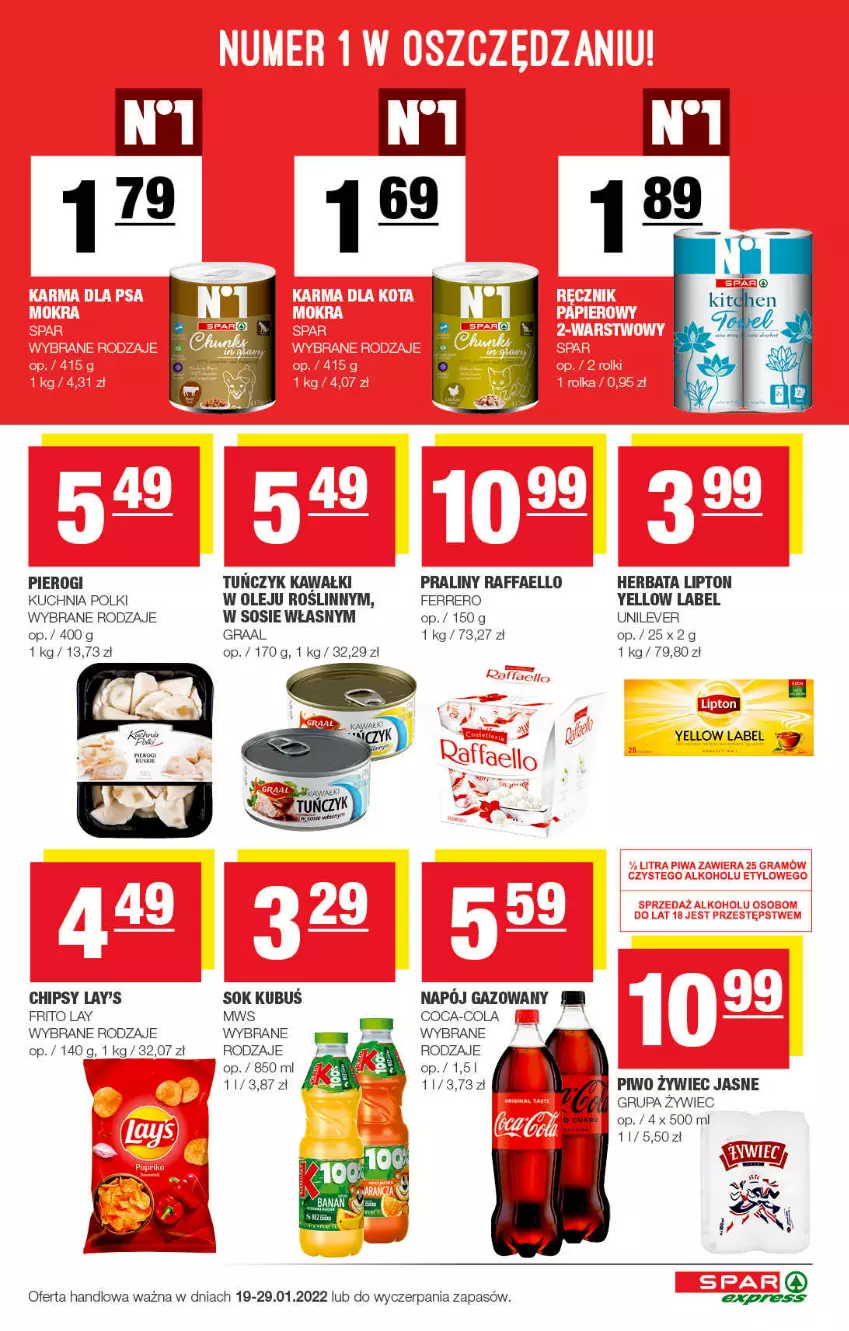 Gazetka promocyjna Spar - SparExpress - ważna 16.01 do 26.01.2022 - strona 3 - produkty: Chipsy, Coca-Cola, Fa, Ferrero, Gra, Graal, Herbata, Kawa, Kubuś, Kuchnia, Lipton, Olej, Pierogi, Piwo, Praliny, Raffaello, Sok, Sos