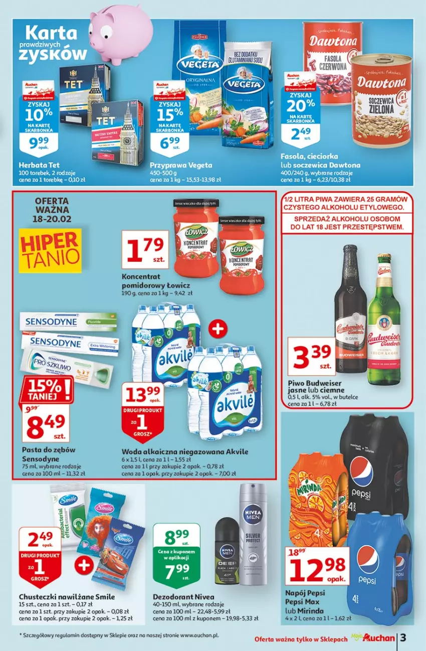 Gazetka promocyjna Auchan - Hiper porządki Moje Auchan - ważna 18.02 do 25.02.2021 - strona 3 - produkty: Chusteczki, Dezodorant, Fa, Fasola, Gra, Koncentrat pomidorowy, Mirinda, Napój, Nivea, Pasta do zębów, Pepsi, Pepsi max, Piwa, Piwo, Sensodyne, Ser, Vegeta, Woda