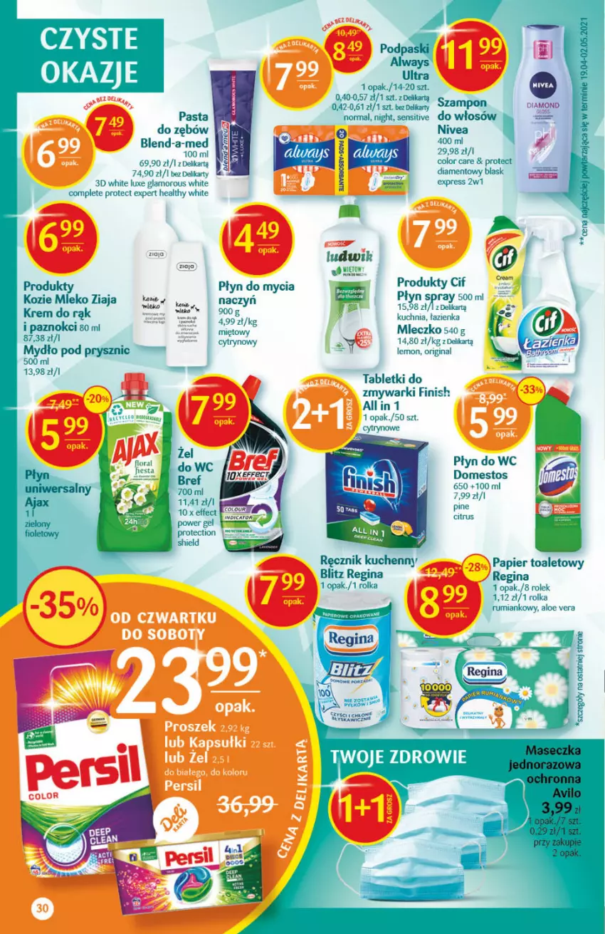 Gazetka promocyjna Delikatesy Centrum - Gazetka Delikatesy Centrum - ważna 24.06 do 30.06.2021 - strona 30 - produkty: Aloe vera, Blend-a-Med, Cif, Domestos, Finish, Flora, Gin, Gra, Kuchnia, Ludwik, Mleczko, Mydło, Nivea, Papier, Papier toaletowy, Pasta do zębów, Płyn do mycia, Płyn do wc, Por, Ręcznik, Ręcznik kuchenny, Rum, Szampon, Tablet, Tabletki do zmywarki, Zdrowie, Zmywarki