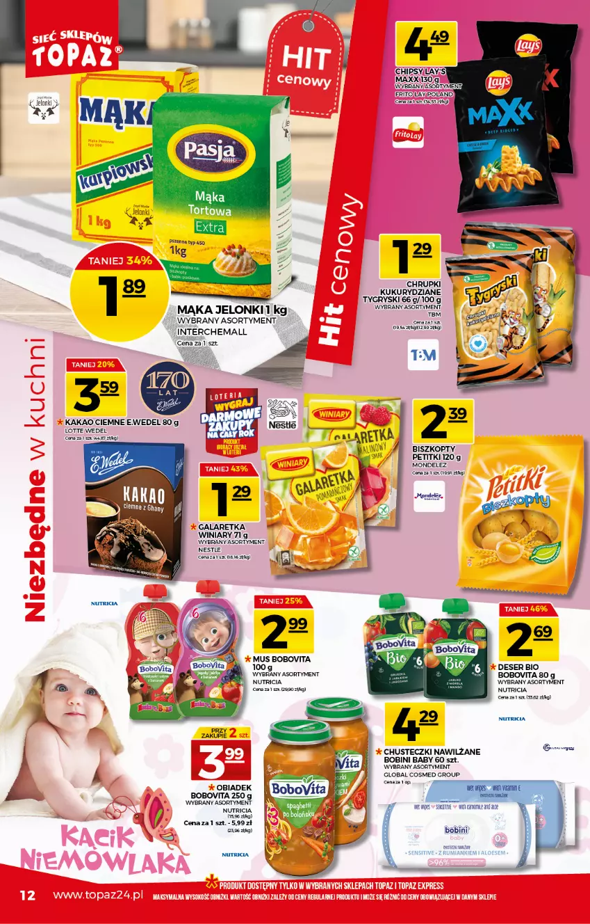 Gazetka promocyjna Topaz - Gazetka - ważna 18.03 do 24.03.2021 - strona 12 - produkty: Biszkopty, BoboVita, Chrupki, Chusteczki, Deser, Gala, Galaretka, Gry, Kakao, Mąka, Mus, Ser, Winiary