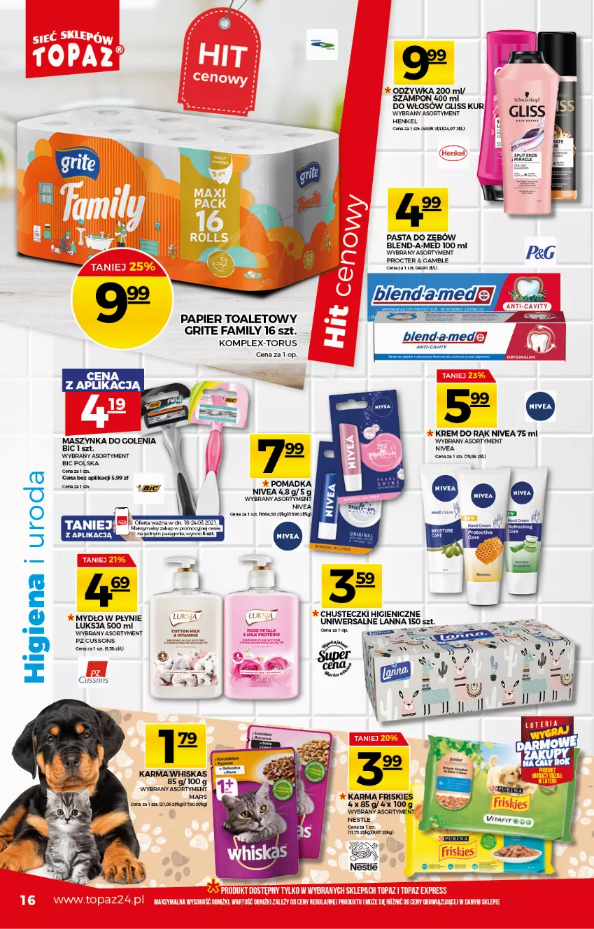 Gazetka promocyjna Topaz - Gazetka - ważna 18.03 do 24.03.2021 - strona 16 - produkty: BIC, Blend-a-Med, Chusteczki, Fa, Friskies, Gliss Kur, Krem do rąk, Luksja, Mars, Maszynka, Maszynka do golenia, Nivea, Odżywka, Papier, Papier toaletowy, Pasta do zębów, Schwarzkopf, Szampon, Szynka