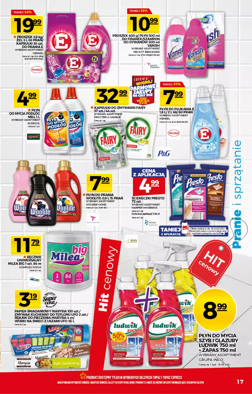 Gazetka promocyjna Topaz - Gazetka - ważna 18.03 do 24.03.2021 - strona 17 - produkty: Danio, Dywan, Fa, Fairy, Lazur, Papier, Piec, Płyn do mycia, Płyn do płukania, Presto, Ręcznik, Rękaw do pieczenia, Ser, Szampon, Vanish, Warka, Zmywarki