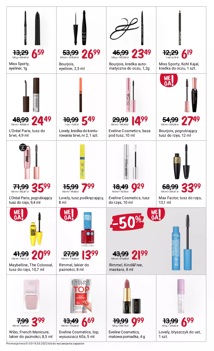 Gazetka promocyjna Rossmann - ważna 01.03 do 15.03.2022 - strona 12 - produkty: Baza pod tusz, Bell, Błyszczyk do ust, Bourjois, Eveline, Fa, Kredka, L’Oréal, Lakier, Lakier do paznokci, Lovely, Maska, Maskara, Max Factor, Maybelline, Miss Sporty, Por, Sport, Top, Tusz, Wibo