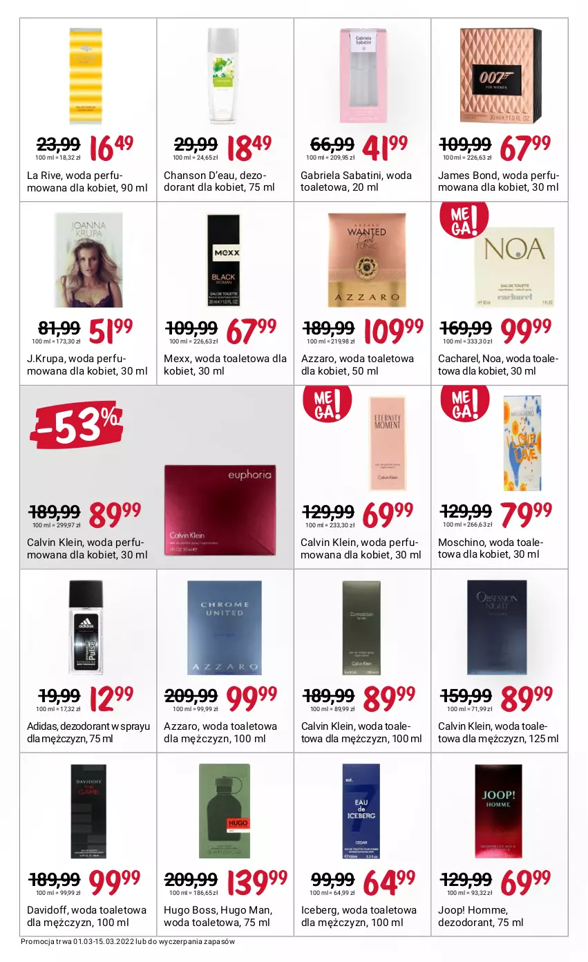 Gazetka promocyjna Rossmann - ważna 01.03 do 15.03.2022 - strona 13 - produkty: Adidas, Azzaro, Brie, Cacharel, Calvin Klein, Chanson d’eau, Davidoff, Dezodorant, Gabriela Sabatini, Hugo Boss, JOOP!, La Rive, Mexx, Moschino, Perfum, Woda, Woda perfumowana, Woda toaletowa