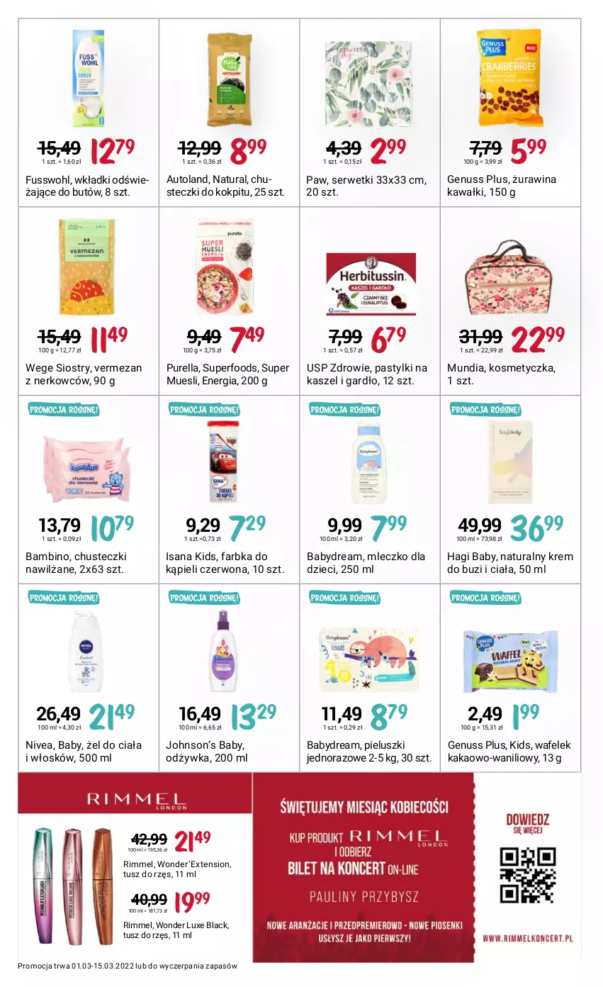 Gazetka promocyjna Rossmann - ważna 01.03 do 15.03.2022 - strona 14 - produkty: Babydream, Chusteczki, Dzieci, Fa, Genuss Plus, Isana, Kakao, Kawa, Kosmetyczka, Lack, Mleczko, Nivea, Odżywka, Pastylki, Pur, Ser, Serwetki, Tusz, Wafelek, Wkładki, Zdrowie