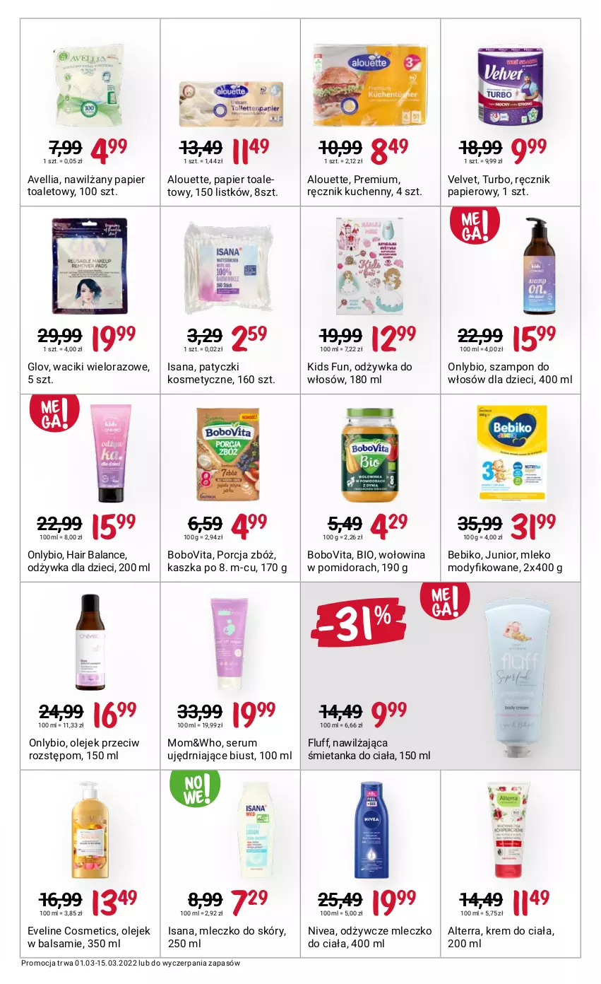 Gazetka promocyjna Rossmann - ważna 01.03 do 15.03.2022 - strona 5 - produkty: Alouette, Alterra, Bebiko, BoboVita, Dzieci, Eveline, Isana, Krem do ciała, Mleczko, Mleczko do ciała, Mleko, Mleko modyfikowane, Nawilżany papier, Nivea, Odżywka, Olej, Olejek przeciw rozstępom, Papier, Papier toaletowy, Patyczki kosmetyczne, Por, Ręcznik, Ręcznik kuchenny, Rum, Ser, Serum, Szampon, Velvet, Waciki, Wołowina