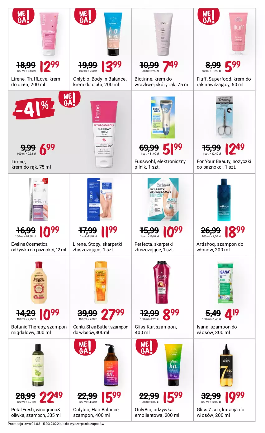 Gazetka promocyjna Rossmann - ważna 01.03 do 15.03.2022 - strona 6 - produkty: Body, Eveline, For Your Beauty, Gliss Kur, Isana, Karp, Krem do ciała, Krem do rąk, Lirene, Noż, Nożyczki, Odżywka, Perfecta, Petal Fresh, Pilnik, Skarpetki, Szampon, Top, Wino