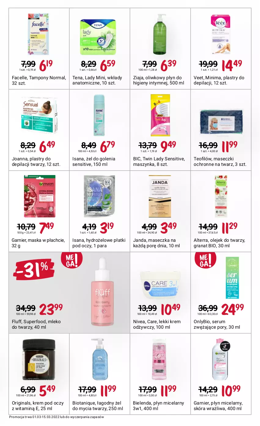 Gazetka promocyjna Rossmann - ważna 01.03 do 15.03.2022 - strona 9 - produkty: Alterra, Atomic, BIC, Bielenda, Fa, Facelle, Garnier, Gin, Gra, Granat, Hydrożelowe płatki pod oczy, Isana, Joanna, Krem odżywczy, Krem pod oczy, Maska, Maska w płachcie, Maszynka, Mleko, Nivea, Olej, Plastry do depilacji, Płyn do higieny intymnej, Płyn micelarny, Por, Rum, Ser, Serum, Szynka, Tampony, Veet, Ziaja