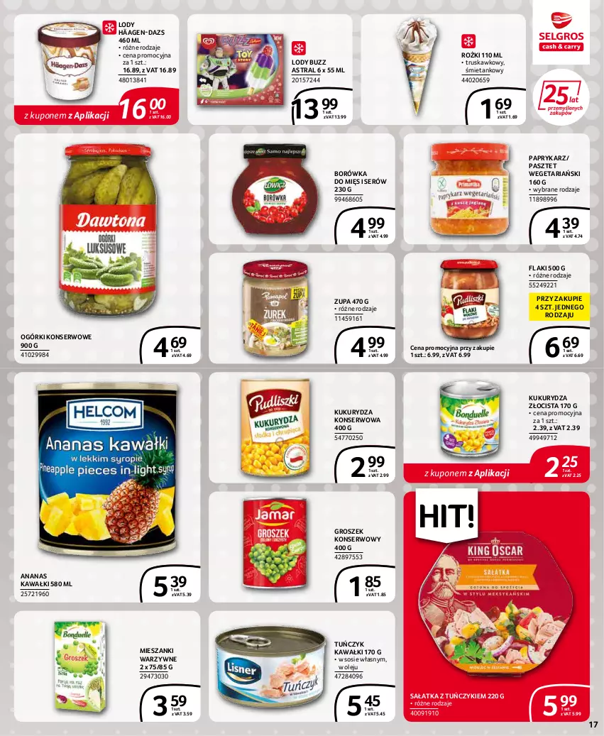 Gazetka promocyjna Selgros - Extra Oferta - ważna 01.05 do 31.05.2022 - strona 17 - produkty: Ananas, Borówka, Flaki, Groszek, Kawa, Kukurydza, Kukurydza konserwowa, Lody, Ogórki konserwowe, Olej, Papryka, Paprykarz, Pasztet, Sałat, Sałatka, Ser, Sos, Tuńczyk, Zupa