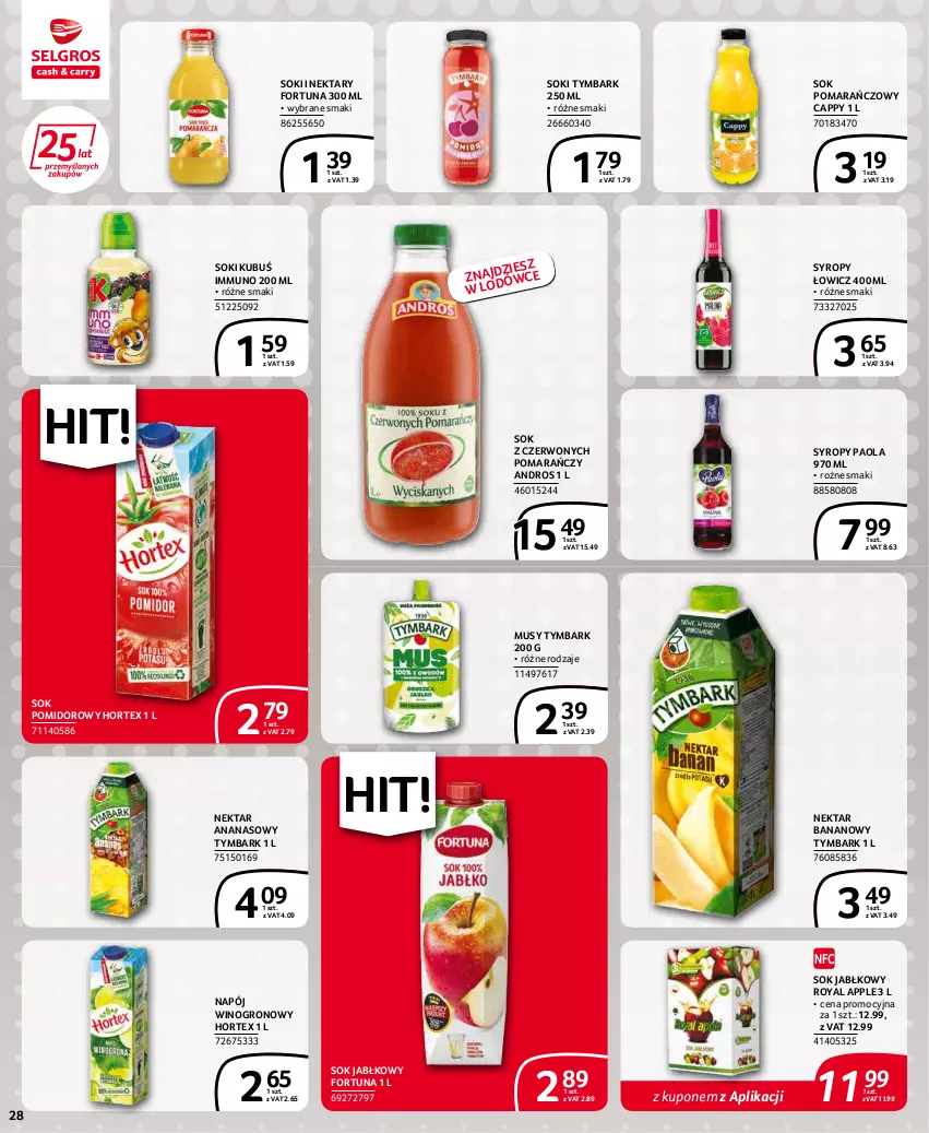 Gazetka promocyjna Selgros - Extra Oferta - ważna 01.05 do 31.05.2022 - strona 28 - produkty: Ananas, Cappy, Fortuna, Hortex, Kubuś, Mus, Napój, Nektar, Nektar bananowy, Paola, Sok, Sok jabłkowy, Sok pomarańczowy, Sok pomidorowy, Syrop, Syropy, Tymbark, Wino