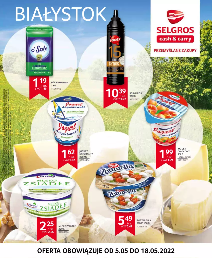 Gazetka promocyjna Selgros - Extra Oferta - ważna 01.05 do 31.05.2022 - strona 44 - produkty: Fa, Gyros, Jogurt, Jogurt naturalny, Jogurt owocowy, Mleko, Mleko zsiadłe, Sól, Sos, Tran, Zott, Zottarella