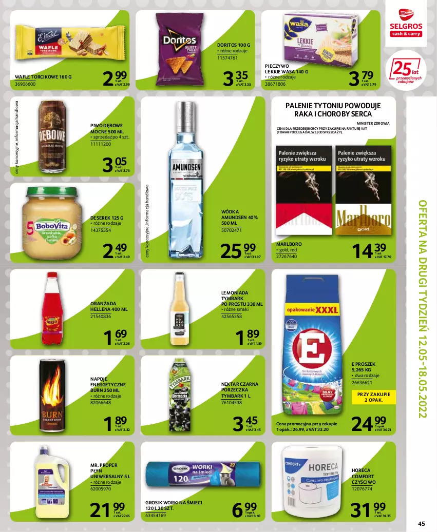 Gazetka promocyjna Selgros - Extra Oferta - ważna 01.05 do 31.05.2022 - strona 47 - produkty: Amundsen, Deser, Fa, Hellena, Lemoniada, Mr. Proper, Napoje, Nektar, Oranżada, Piec, Pieczywo, Piwo, Por, Ser, Serek, Tymbark, Wafle, Wasa, Wódka, Worki na śmiec, Worki na śmieci