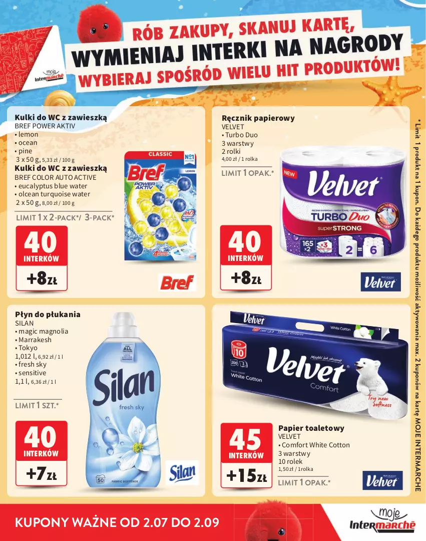 Gazetka promocyjna Intermarche - Gazetka Intermarche - ważna 02.07 do 02.09.2026 - strona 17 - produkty: Bref, Kulki do wc, Papier, Papier toaletowy, Płyn do płukania, Ręcznik, Rolki, Silan, Velvet