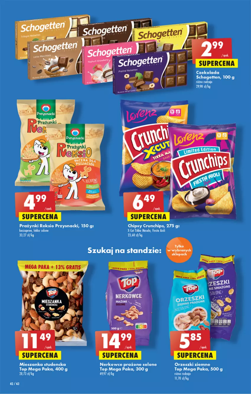 Gazetka promocyjna Biedronka - W tym tygodniu - ważna 11.08 do 17.08.2022 - strona 42 - produkty: Chipsy, Crunchips, Czekolada, Mieszanka studencka, Orzeszki, Orzeszki ziemne, Przysnacki, Schogetten, Top