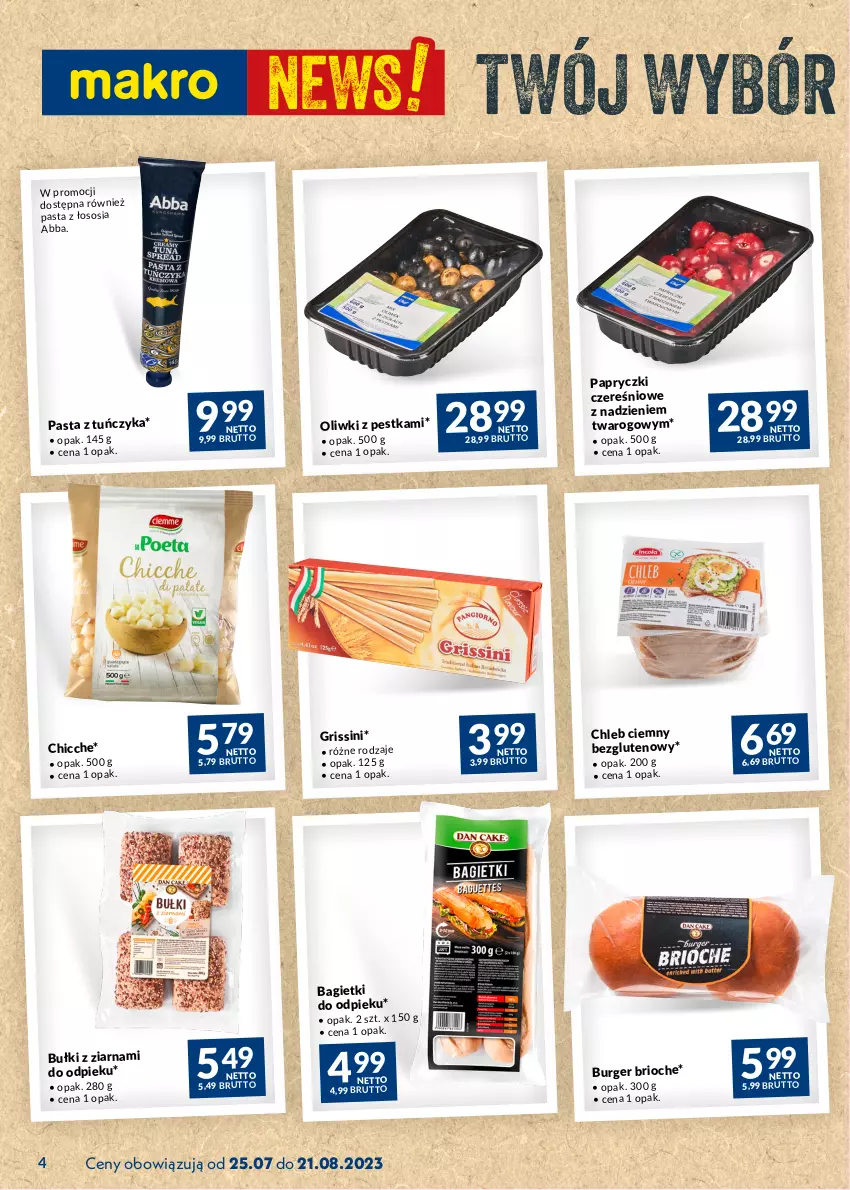 Gazetka promocyjna Makro - Najlepsze oferty - oferta z alkoholem - ważna 25.07 do 21.08.2023 - strona 4 - produkty: Burger, Chleb, Grissini, O Bag, Oliwki, Sos, Tuńczyk