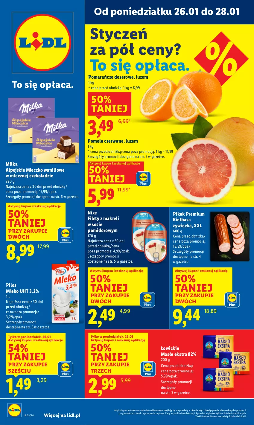 Gazetka promocyjna Lidl - GAZETKA - ważna 26.01 do 28.01.2026 - strona 1 - produkty: Deser, Kiełbasa, Masło, Milka, Mleczko, Mleko, PIKOK, Pilos, Pomarańcze, Pomelo, Ser, Sos