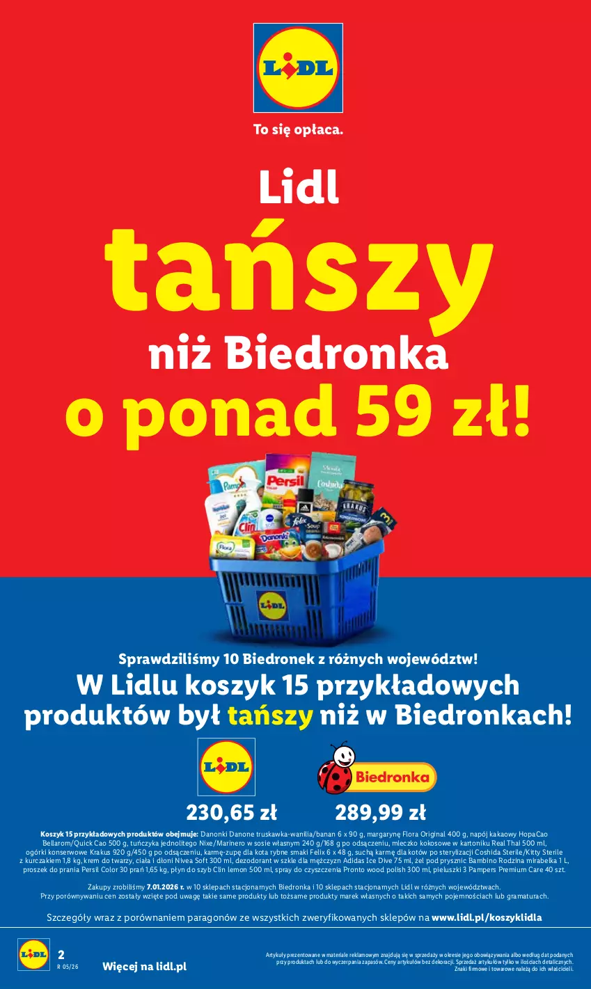 Gazetka promocyjna Lidl - GAZETKA - ważna 26.01 do 28.01.2026 - strona 2 - produkty: Adidas, Bell, Bella, Clin, Danone, Danonki, Dezodorant, Dron, Felix, Flora, Gin, Gra, Kakao, Kokos, Kosz, Krakus, Krem do twarzy, Kurczak, Mleczko, Napój, Nivea, Ogórki konserwowe, Pampers, Persil, Płyn do szyb, Por, Pronto, Proszek do prania, Rama, Ser, Sos, Spray do czyszczenia, Tonik, Tuńczyk