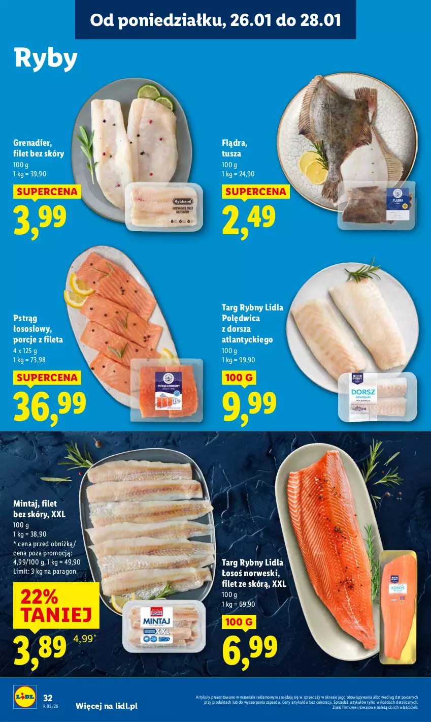 Gazetka promocyjna Lidl - GAZETKA - ważna 26.01 do 28.01.2026 - strona 32 - produkty: Dorsz, Grenadier, Mintaj, Polędwica, Por, Pstrąg, Pstrąg łososiowy, Sos, Tusz