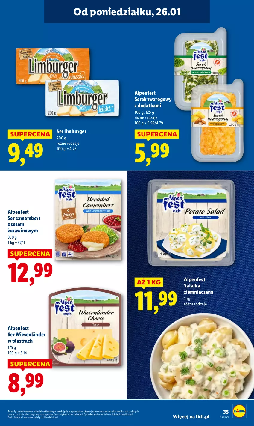 Gazetka promocyjna Lidl - GAZETKA - ważna 26.01 do 28.01.2026 - strona 35 - produkty: Burger, Camembert, Limburger, Sałat, Sałatka, Ser, Serek, Serek twarogowy, Sos, Wino