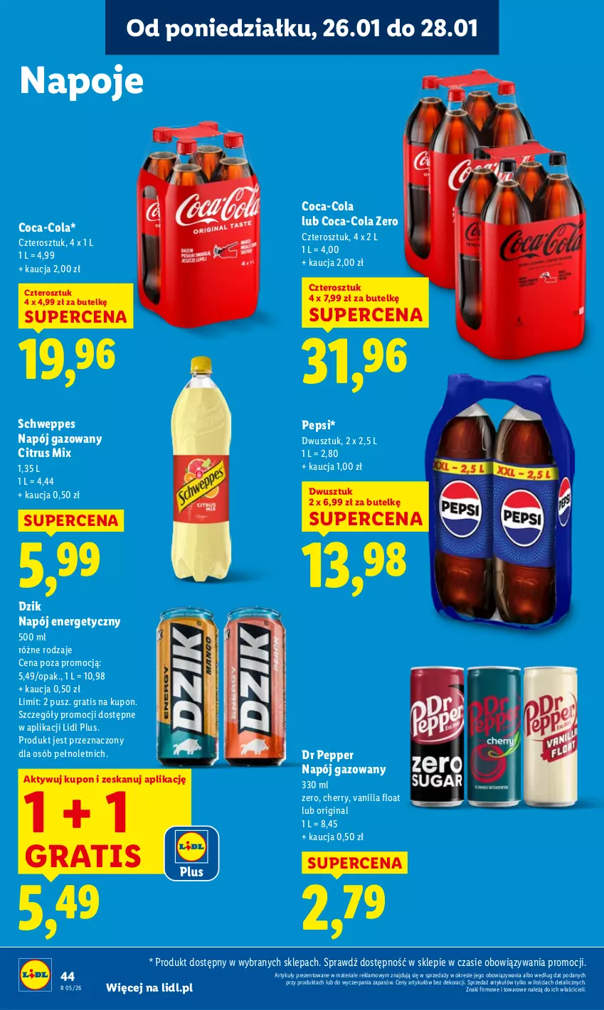 Gazetka promocyjna Lidl - GAZETKA - ważna 26.01 do 28.01.2026 - strona 44 - produkty: Coca-Cola, Gin, Gra, Napój, Napój energetyczny, Napój gazowany, Napoje, Pepsi, Schweppes