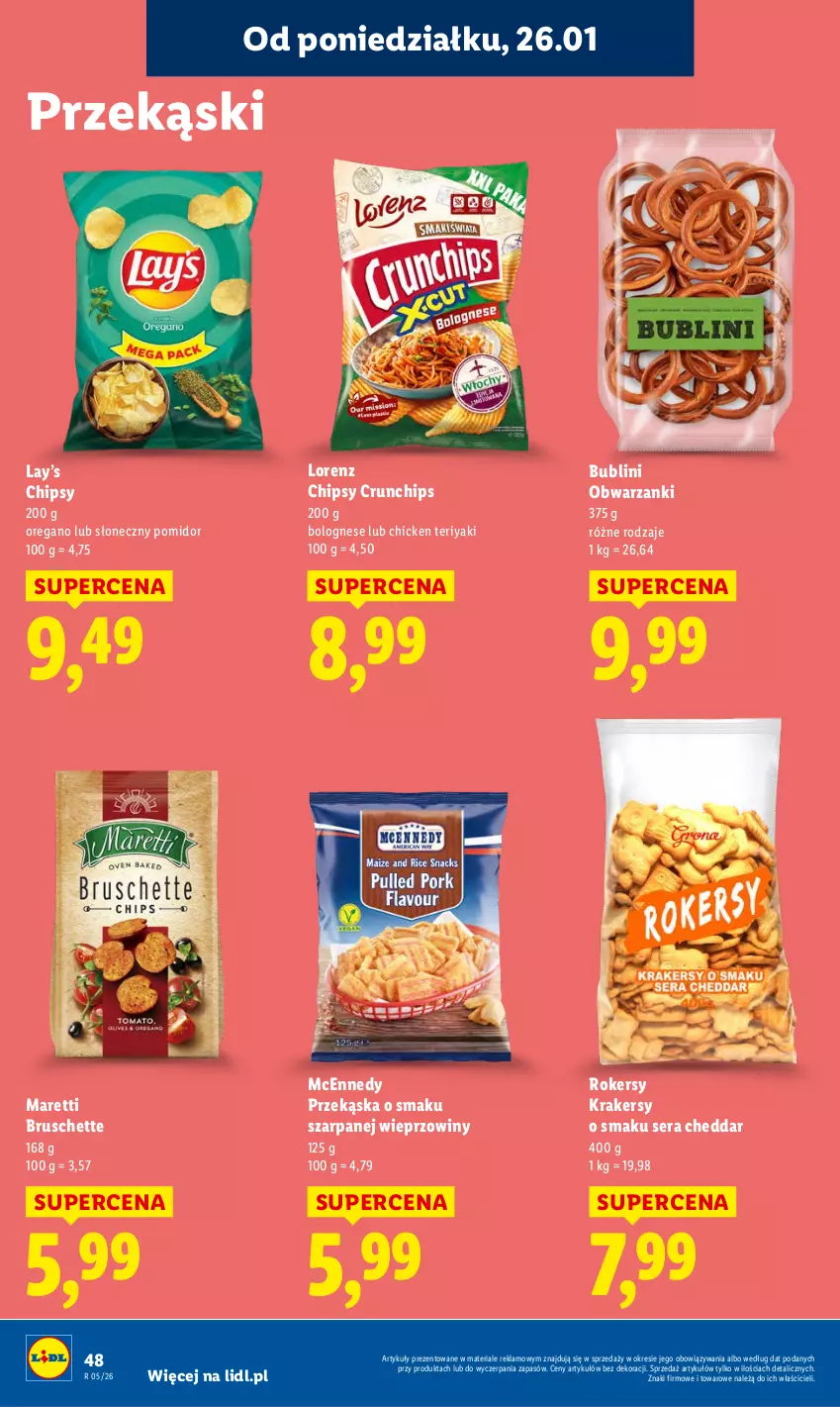 Gazetka promocyjna Lidl - GAZETKA - ważna 26.01 do 28.01.2026 - strona 48 - produkty: Bruschette, Cheddar, Chipsy, Crunchips, Krakersy, Lay’s, Lorenz, Ser