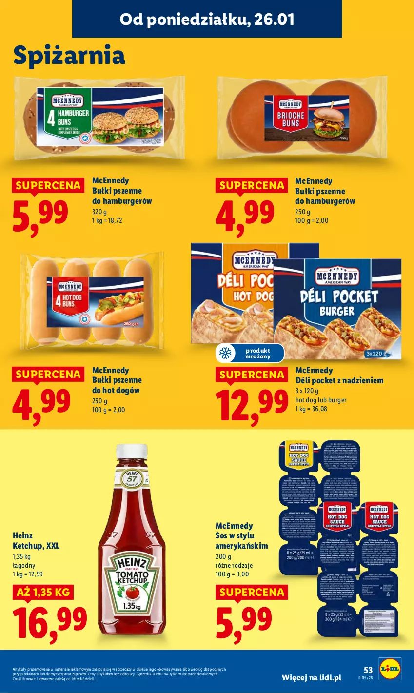 Gazetka promocyjna Lidl - GAZETKA - ważna 26.01 do 28.01.2026 - strona 53 - produkty: Burger, Hamburger, Heinz, Hot dog, Ketchup, Sos