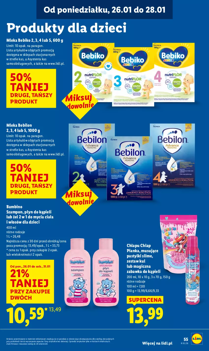 Gazetka promocyjna Lidl - GAZETKA - ważna 26.01 do 28.01.2026 - strona 55 - produkty: Bebiko, BEBILON, Dzieci, Mus, Pastylki, Płyn do kąpieli, Szampon, Zabawka