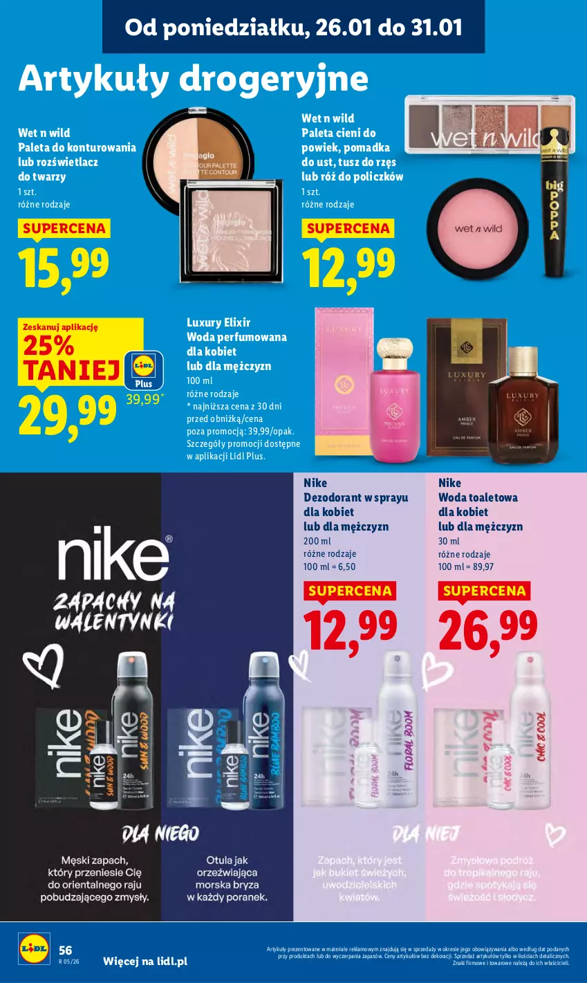 Gazetka promocyjna Lidl - GAZETKA - ważna 26.01 do 28.01.2026 - strona 56 - produkty: Dezodorant, Nike, Paleta, Perfum, Róż do policzków, Rozświetlacz, Tusz, Woda, Woda perfumowana, Woda toaletowa
