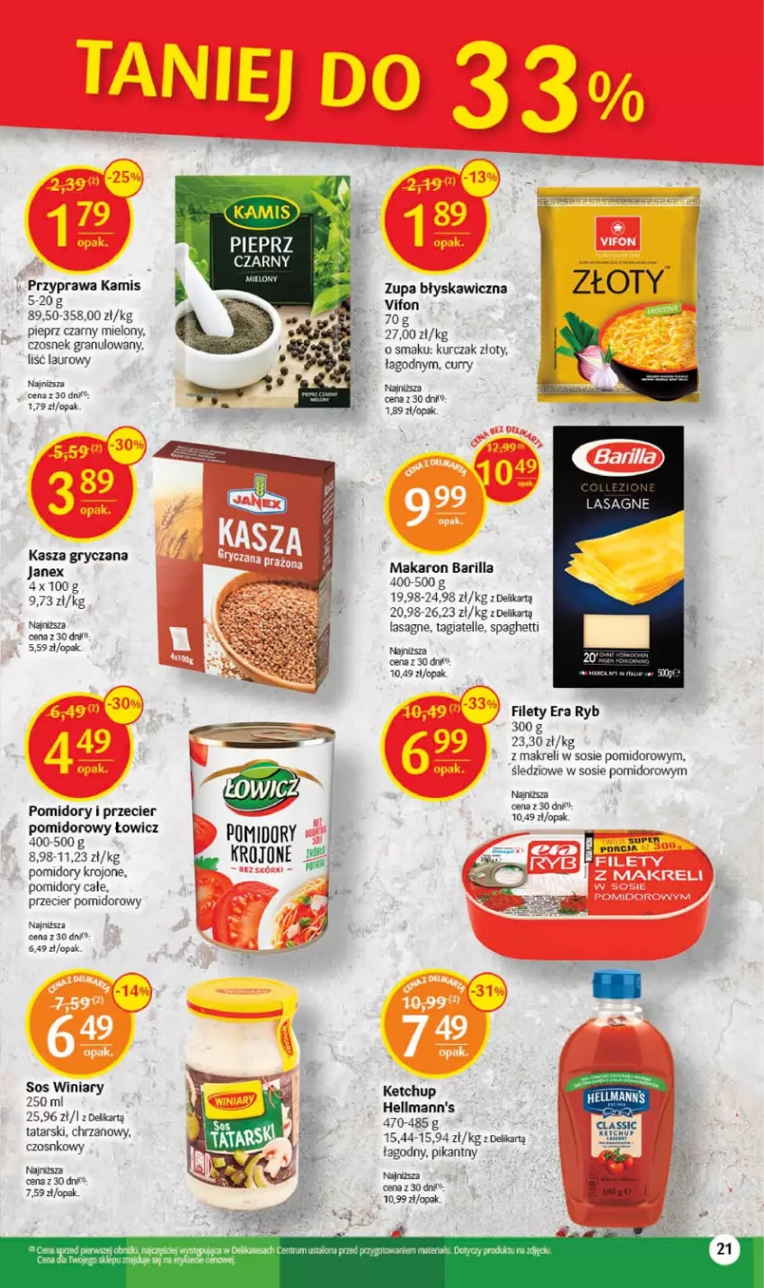 Gazetka promocyjna Delikatesy Centrum - Gazetka DC32 - ważna 17.08 do 23.08.2023 - strona 21 - produkty: Barilla, Chrzan, Czosnek, Czosnek granulowany, Era Ryb, Gra, Gry, Kamis, Kasza, Kasza gryczana, Ketchup, Kurczak, Lasagne, Laur, Makaron, Pieprz, Pomidory, Pomidory krojone, Por, Rum, Sos, Spaghetti, Winiary, Zupa