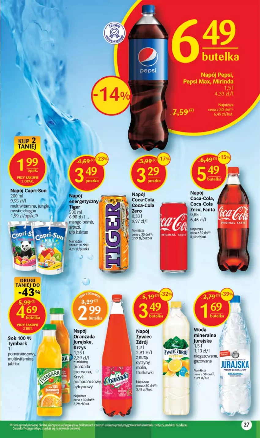 Gazetka promocyjna Delikatesy Centrum - Gazetka DC32 - ważna 17.08 do 23.08.2023 - strona 27 - produkty: Arbuz, Coca-Cola, Cytryny, Fa, Fanta, Kaktus, Mango, Mirinda, Napój, Napój energetyczny, Oranżada, Pepsi, Pepsi max, Sok, Tiger, Truskawki, Tymbark, Woda, Woda mineralna