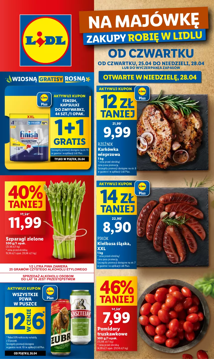 Gazetka promocyjna Lidl - GAZETKA - ważna 25.04 do 28.04.2024 - strona 1 - produkty: Finish, Gra, Karkówka wieprzowa, Kiełbasa, Kiełbasa śląska, PIKOK, Piwa, Pomidory, Zmywarki