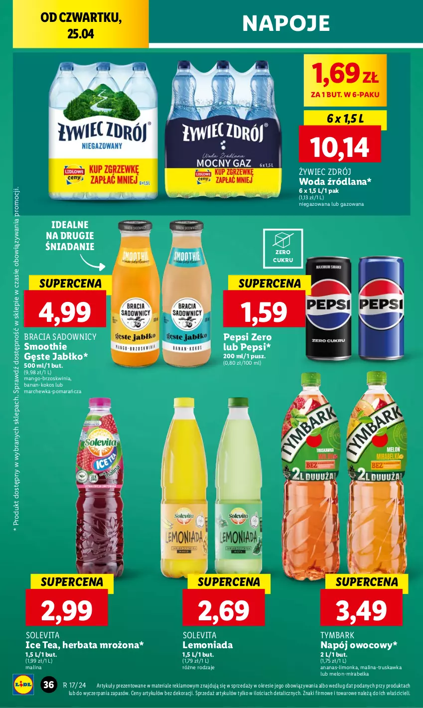 Gazetka promocyjna Lidl - GAZETKA - ważna 25.04 do 28.04.2024 - strona 38 - produkty: Ananas, Herbata, Ice tea, Kokos, LANA, Lemoniada, Limonka, Mango, Marchewka, Melon, Napój, Napoje, Pepsi, Smoothie, Tymbark, Woda