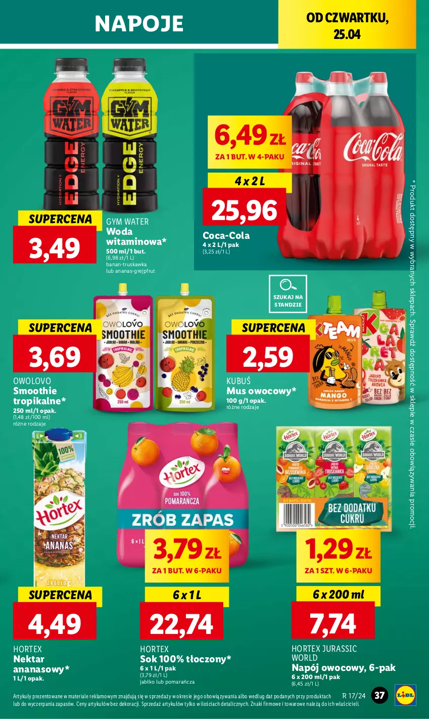 Gazetka promocyjna Lidl - GAZETKA - ważna 25.04 do 28.04.2024 - strona 39 - produkty: Ananas, Coca-Cola, Grejpfrut, Hortex, Jurassic World, Kubuś, Mus, Napój, Napoje, Nektar, Smoothie, Sok, Woda