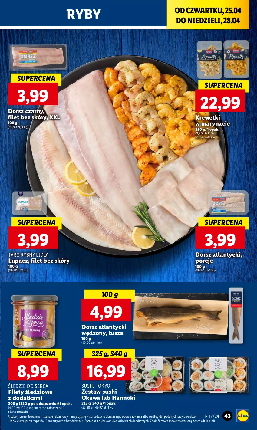 Gazetka promocyjna Lidl - GAZETKA - ważna 25.04 do 28.04.2024 - strona 45 - produkty: Dorsz, Kawa, Krewetki, Por, Ser, Sushi, Tusz